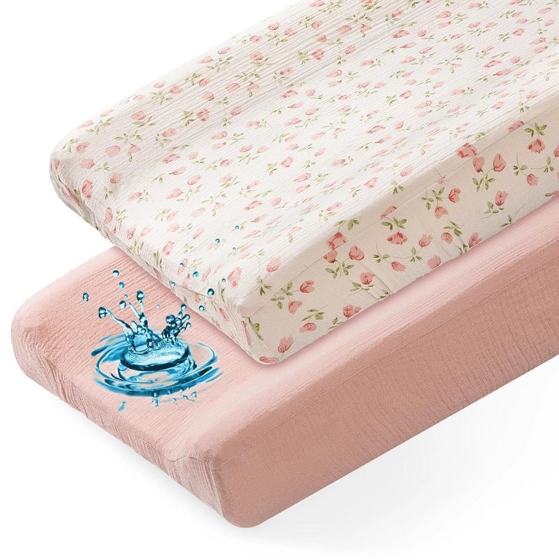 Basumee Muslin Changing Pad Cover Waterproof 2 Pack Baby Changing Table Covers for Boys and Girls Soft Breathable Nursery Diaper Change Table Cover Pad Fits 32"x16", Pink - Image 1